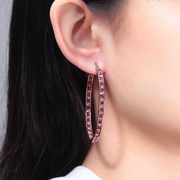 14K White Gold with Ruby Red and Pink Sapphire Cubic Zirconia Big Hoop Earrings - Picture 4 of 5